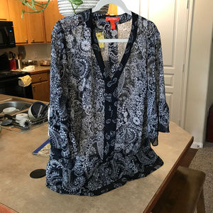 Sheer navy top, two-tier sleeves